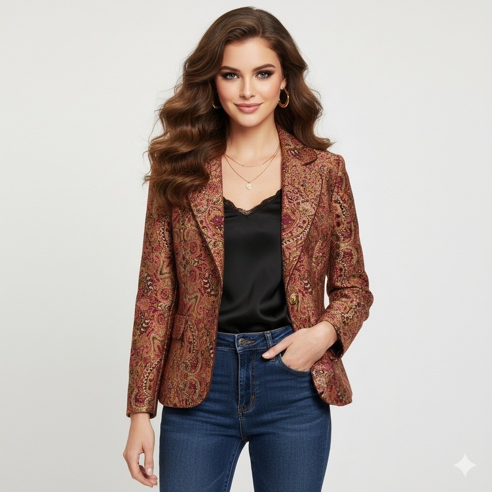 Modern Images Blazer Womens 8P Red Pink Paisley Elegant Preppy‎ Brocade Jacket